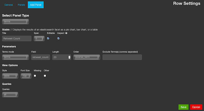 The Terms panel type settings.