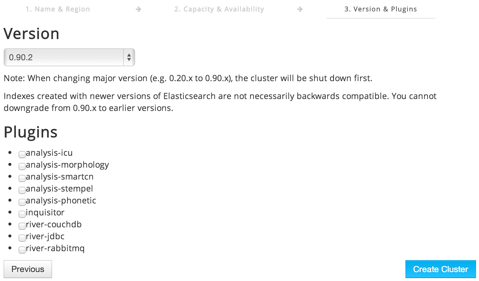 Step 3: Choosing Elasticsearch version and plugins