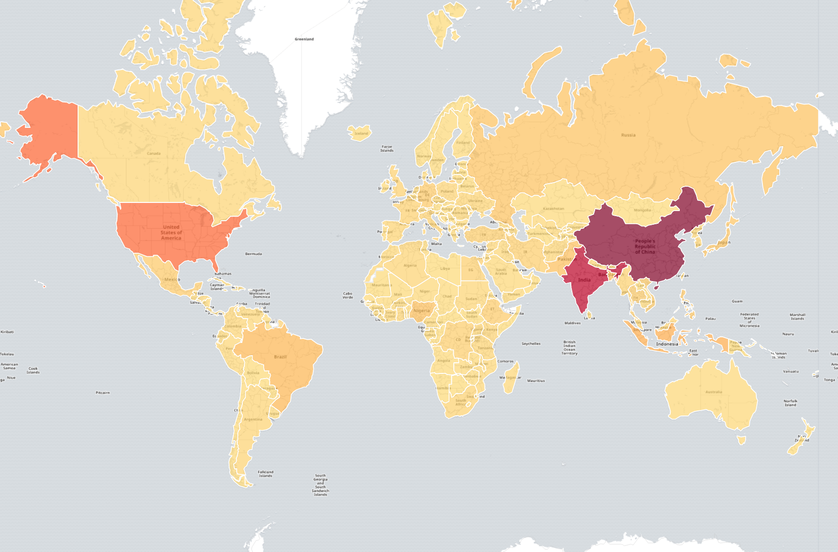 Countries colored by number of requests